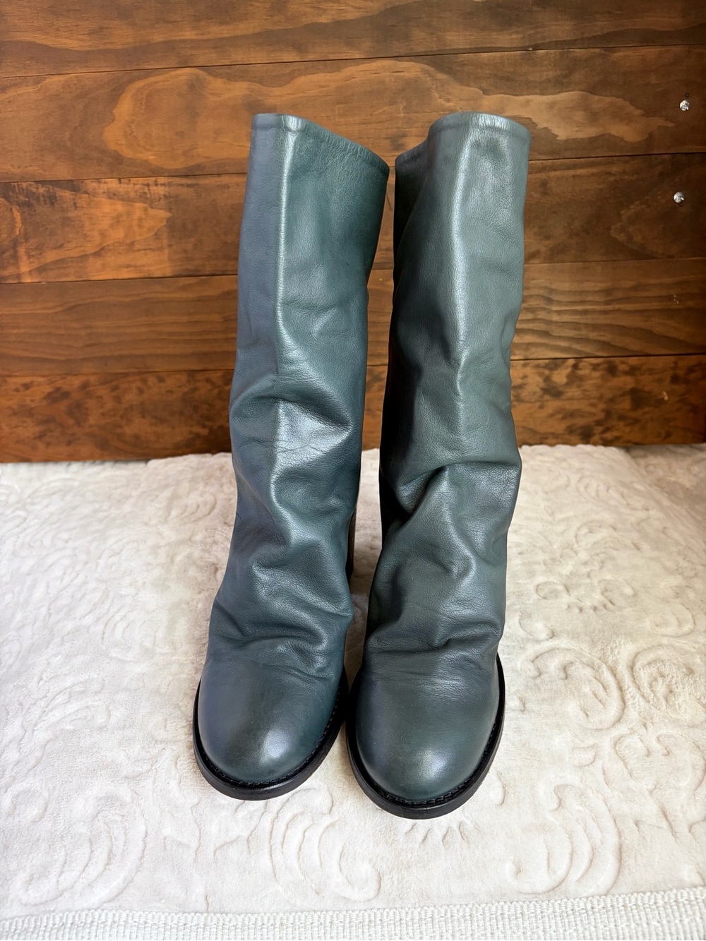 FREE PEOPLE Elle Block Heel Boots Sz 37 US 7 Teal Leather Slouch Leather Boho - Picture 11 of 16